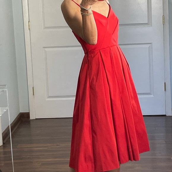 J Crew Red A line V Neck Full Skirt Midi Dress 00 - Picture 8 of 10